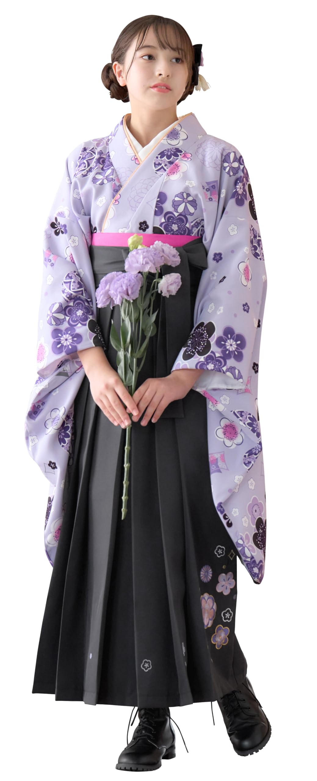 [アリサナ] 袴 小学生 セット 卒業式 女の子 着付け不要 簡単 (着物+半襟付き襦袢+袴+帯枕付き帯+腰紐の5点) 梅ラベンダー×ダークグレー袴 150cm