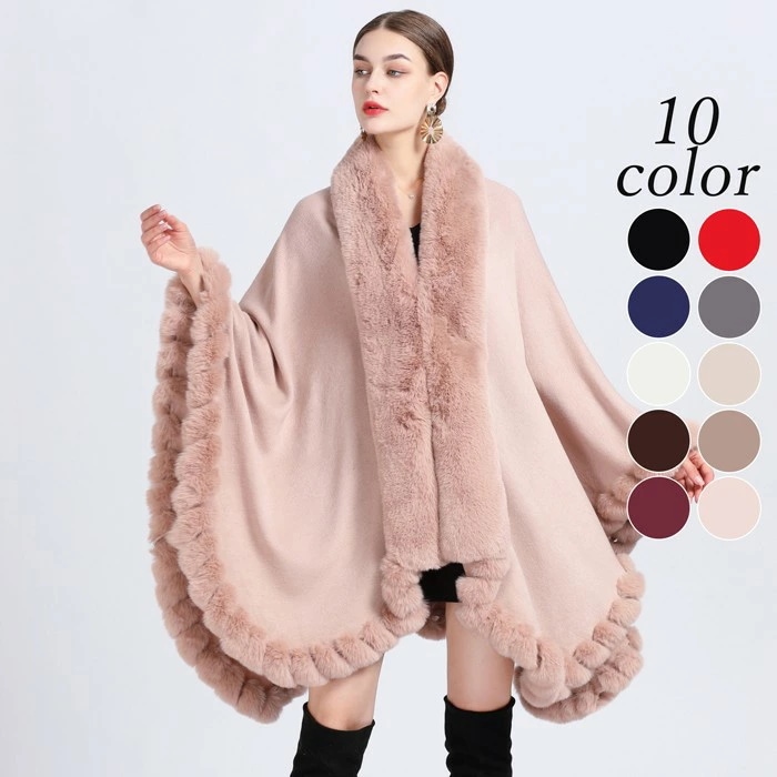 10カラー ケープコートファー付き ポンチョコート ファーコート 肩掛け レディース ケープ 羽織 アウター マント フェイクファー カシミヤタッチ 着物 上品カジュアル きれいめ 50代 40代 3