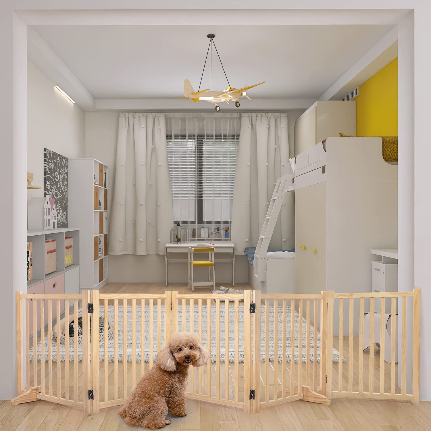 木製犬用ゲートペットフェンス折り式バリアペット用家具フェンス 安全柵 小型犬 中型犬 脱走防止 ガード 飛び出し防止 多頭飼い ペットガード (高さ43cm長さ304cm5つのパネル)