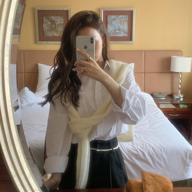 白 シャツ ゆったり リラックス レディース 長袖 インナー アウター 学生 ミドル丈 シャツ レディース 冷淡風 スタイリッシュ トップス803