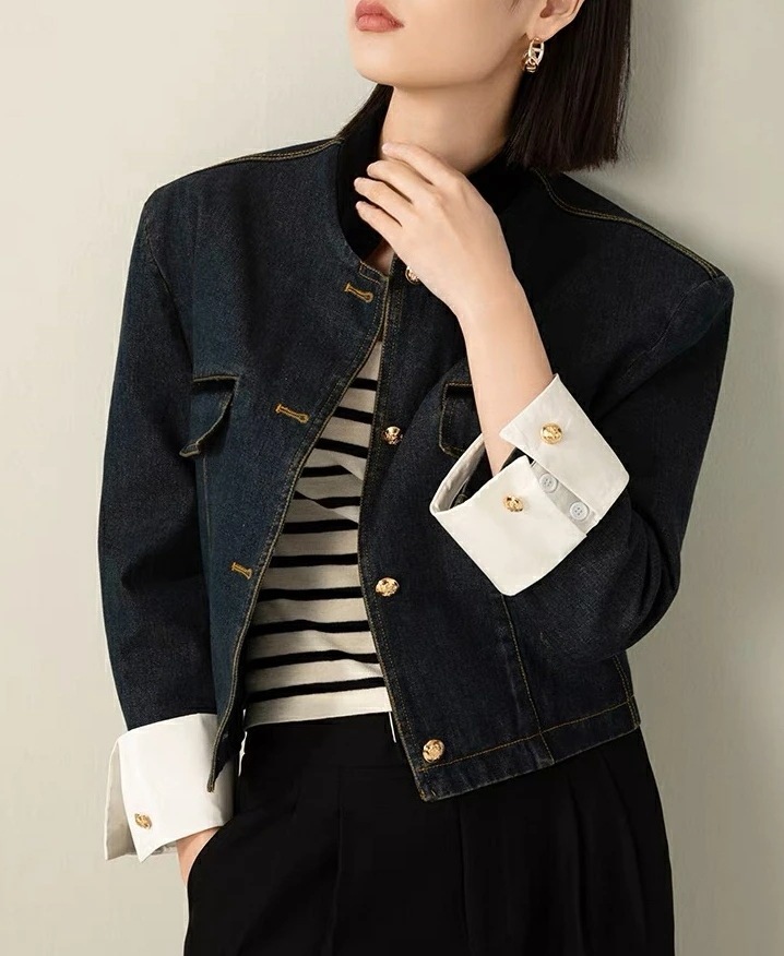 【急速出荷】金具ボタン デニムジャケット レディース 春 秋 秋冬 かわいい オシャレ Vネックノーカラージャケット コンパクト 2次会イベント 同窓会 ディナー 女子会きれいめ パーティー 30代