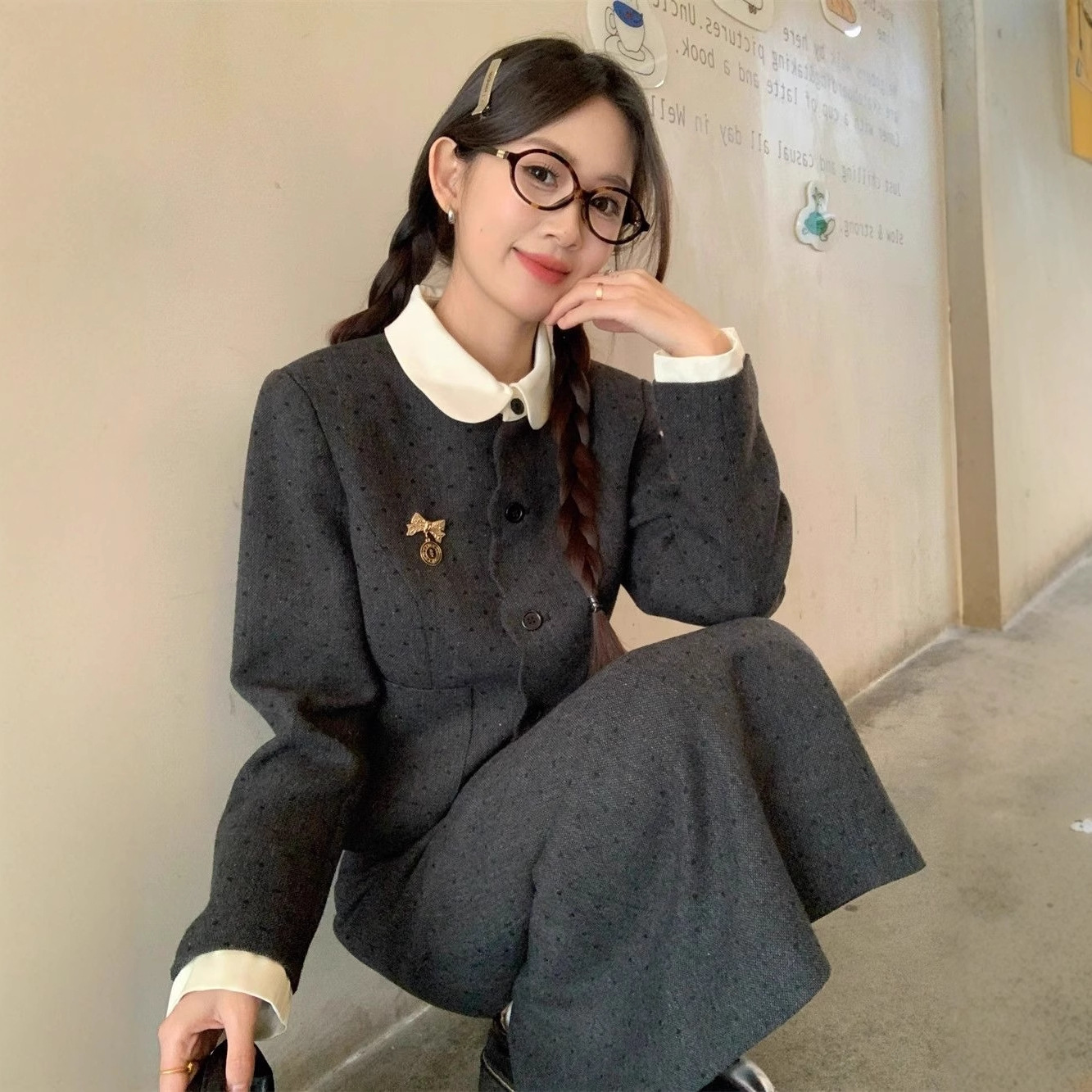 プラスサイズのレディースフレンチスタイルピーターパンカラーフィットショートジャケット+ハイウエストスカートツーピースセット