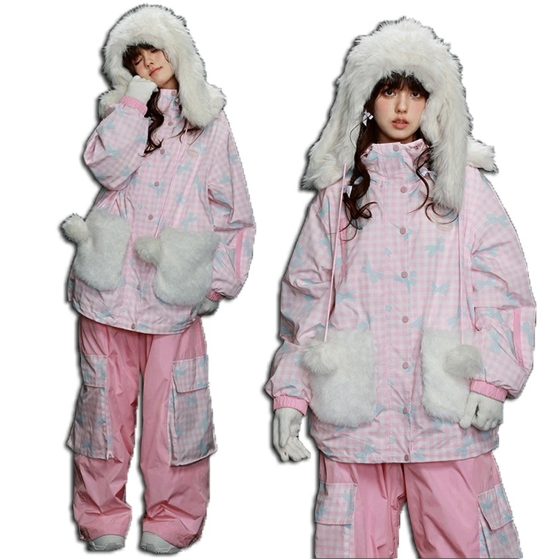 スノーボードウェア スキーウェア スノボウェア レディース 上下セット セットアップ スノボジャケット 前開き アウター スノボパンツ ロングパンツ ボトムス ズボン ピンク ボアポケット かわいい