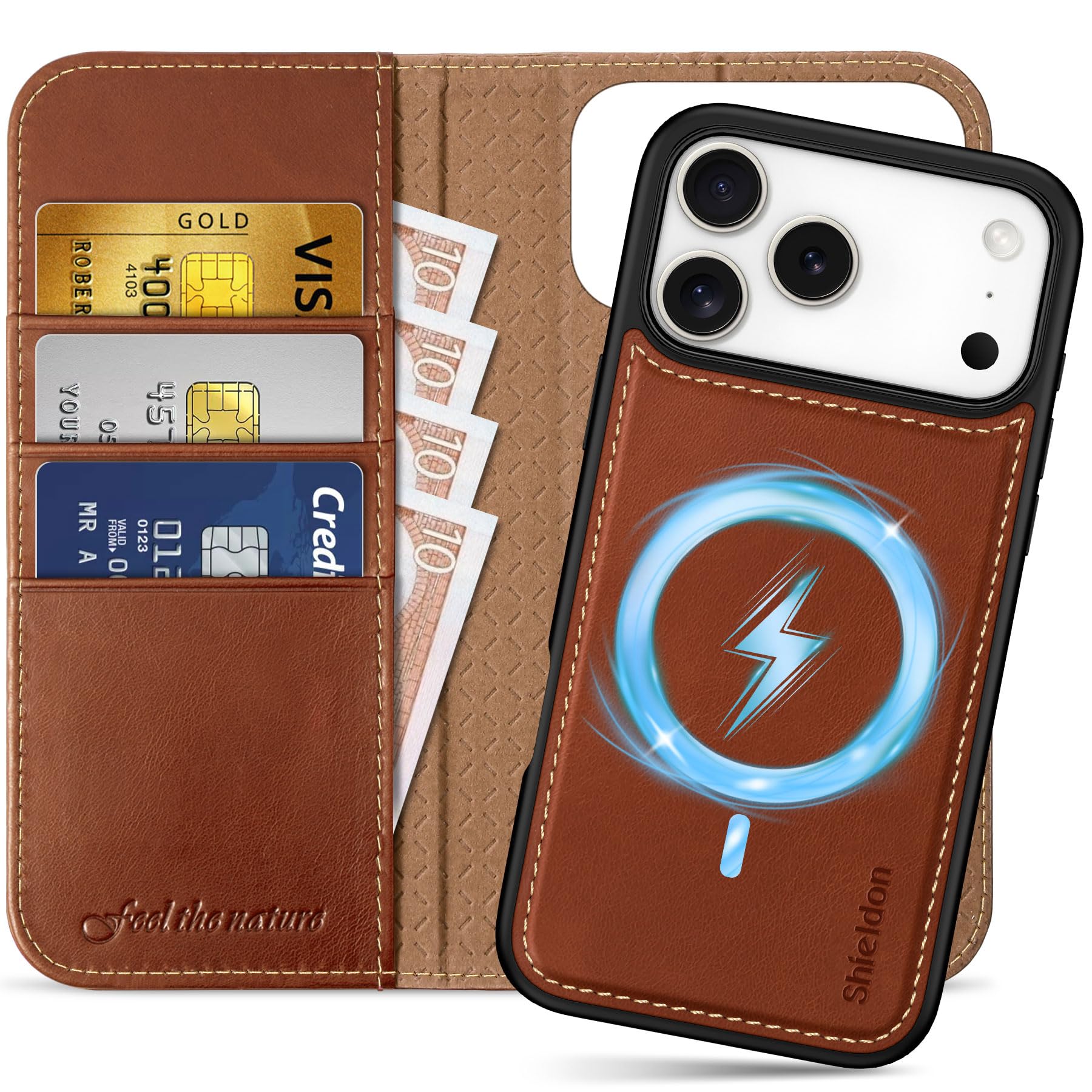 SHIELDON iPhone 17ProMax 対応 手帳型ケース 2in1分離式 本革レザー 6.9インチ 5G カード収納 [RFIDブロッキング] 取り外し自由 カバー単体ワイヤレス充電可 横