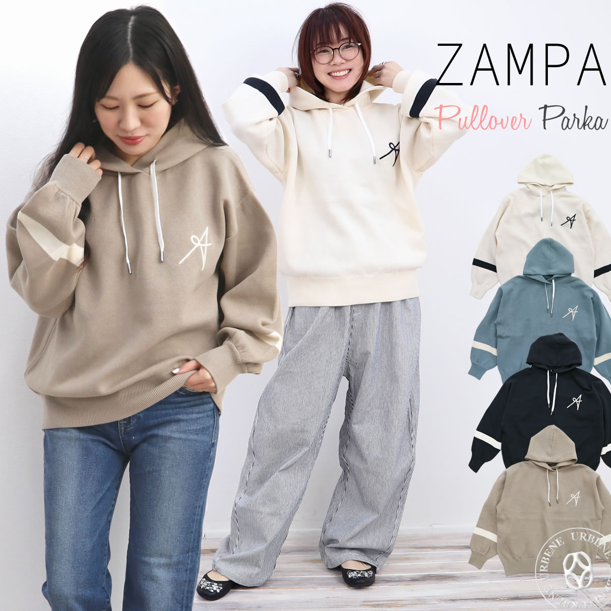 ZAMPA ザンパ スエットライク アルファベット 刺繍 プルオーバー パーカー