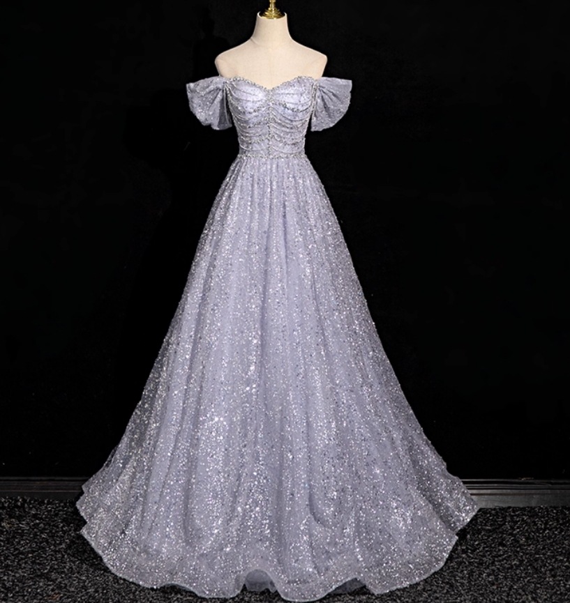 カラードレス ブルー オフショルダー シークインチュール Aライン ビジュー 音楽会 前撮り