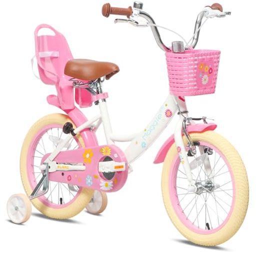 GLERC MAGGIE 子供用自転車 女の子用 キッズバイク 幼児乗り練習 花柄 かご付き 補助輪付き こども三輪 ぬいぐるみ座席付き Vブレーキ 3~5歳 14インチホワイトピンク