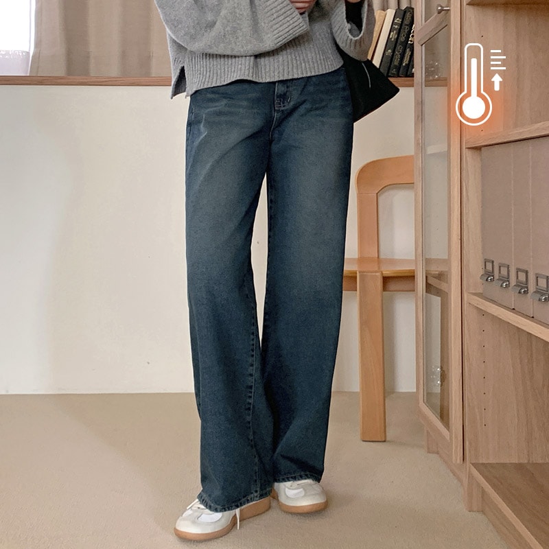 [tje0493] 韓国ファッション起毛ワイドデニムパンツ