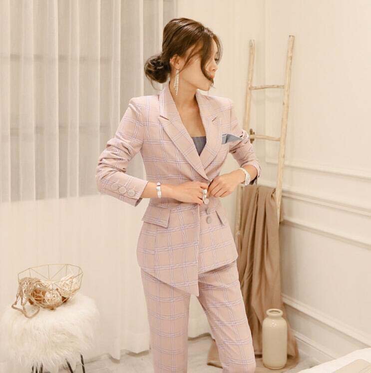 レディース パンツスーツ チェック柄 ママスーツ フォーマルスーツ 可愛い リクルートスーツ ピンク レディーススーツ 上下セット 長袖ジャケット スーツセット 入学式 卒業式 入園式 通勤スーツ お