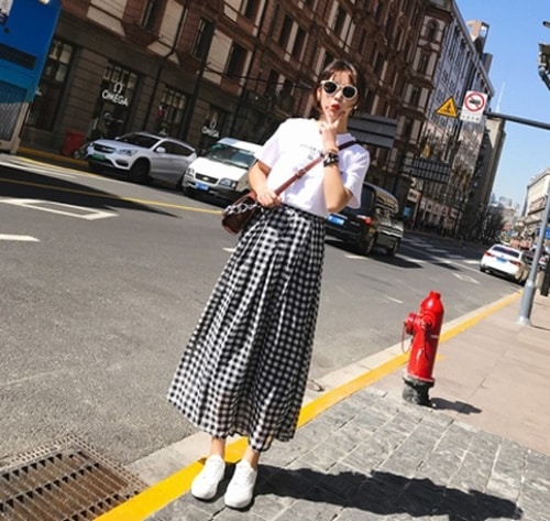 3292.フレンチレトロギンガムチェックきれいめカジュアルボトムス 2019春夏 sale ロング丈 モノトーン シフォン 美ライン おしゃれ スカート お出かけ お呼ばれ 女子会 リゾート 普段使い