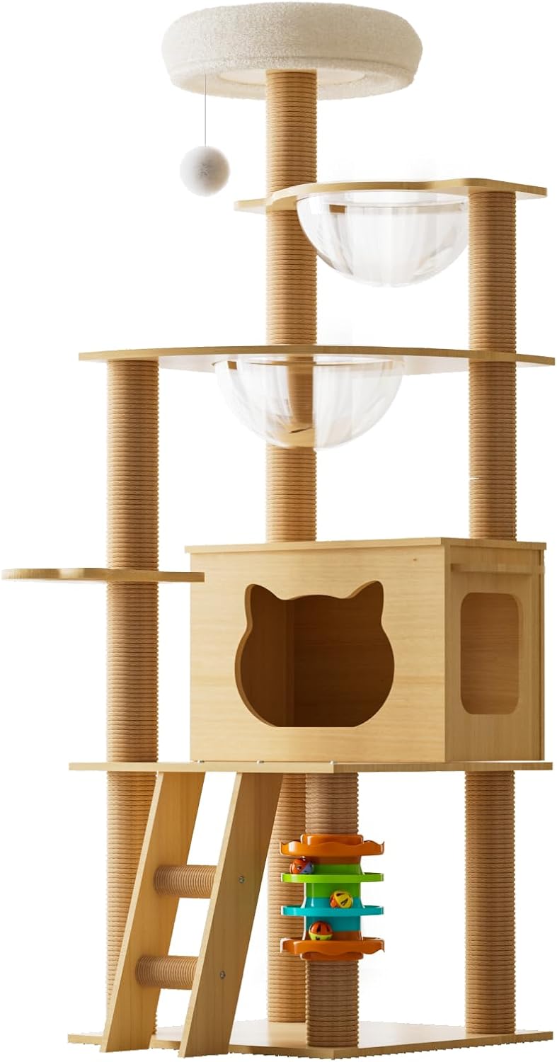 Elegaif キャットタワー 木製 猫タワー スリム 大型猫用 140cm 据え置き 省スペース 透明ボウル 宇宙船付き 多頭飼い 猫ハウス 太った猫 シニア猫 短足猫 子猫向け 見晴台 頑丈