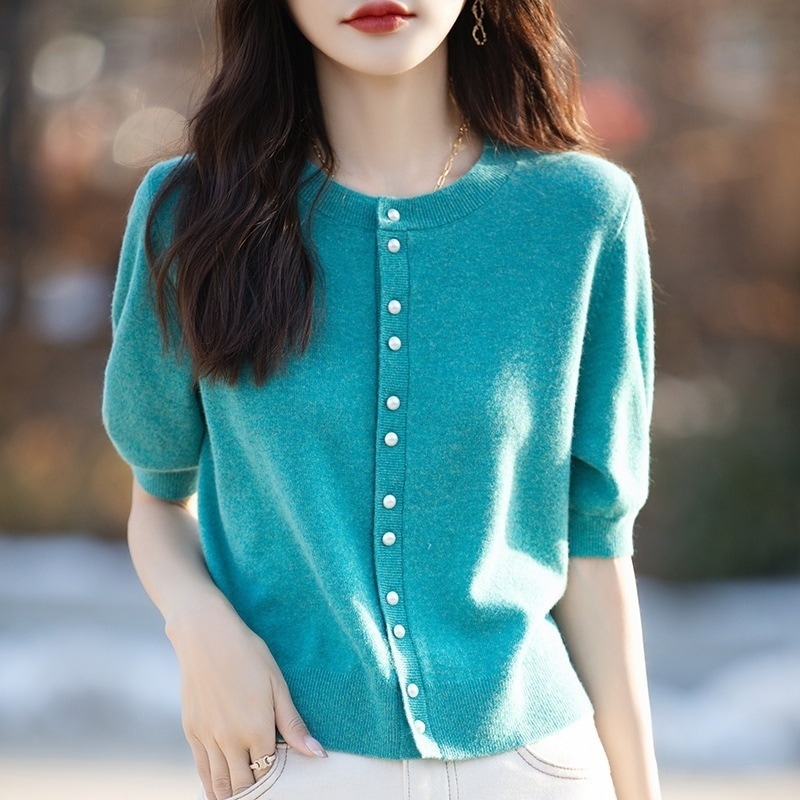 ベルベットニットカーディガン カーディガン 五分袖 ラウンドネック ニット ボタン 前開き スリム 細身 韓国 レディース かわいい 可愛い 大人可愛い 大人女子 シンプル きれいめ