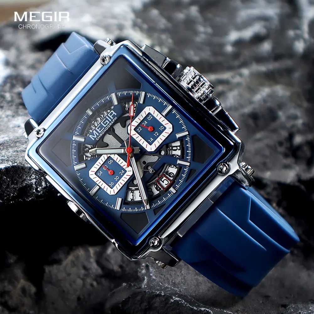 ジャイアント-メンズネイビーブルークォーツ時計 クロノグラフ 耐水性腕時計 シリコンストラップ 発光ハン