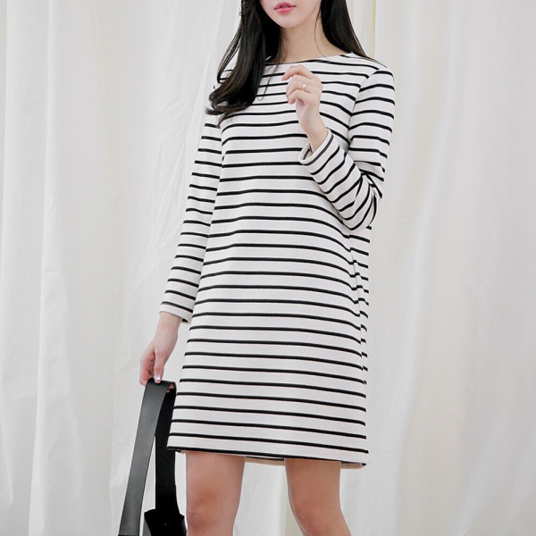 レディース コットンボートネック ロングTシャツ ストライプ ポケット長袖ワンピース