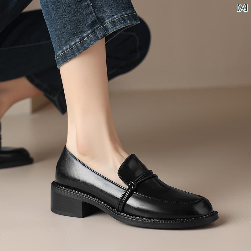 ローファー レディース オフィス 女性用 スリッポン ラウンドトゥ 裏起毛 冬用 厚手 ミッド ヒール 革 深口 小型 革靴 通勤 靴