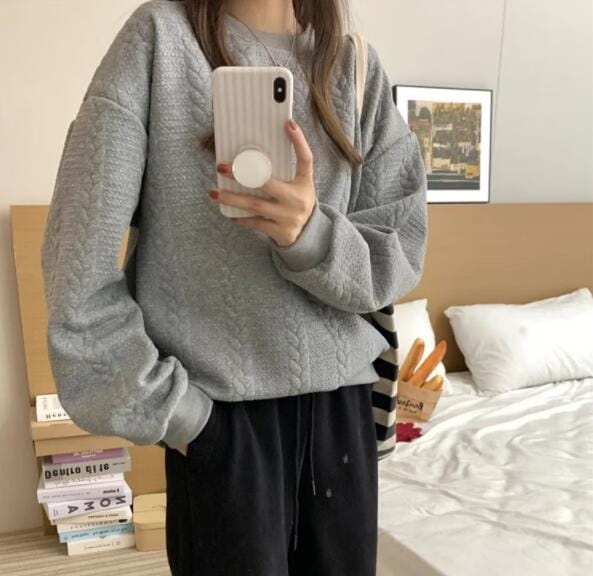 長袖スウェット 型押し エンボス加工 トップストレーナー スウェット 型押しプルオーバー 韓国ファッション