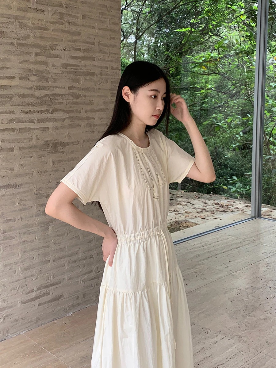 フレンチエレガントワンピース2024夏新作ウエスト細ワード ロングドレス