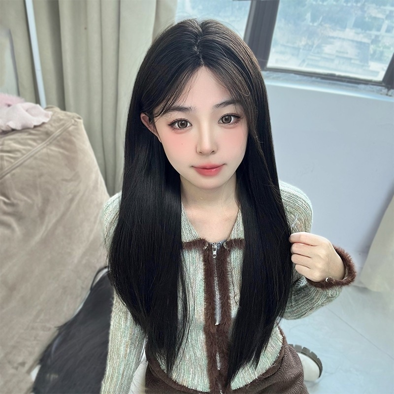 フロントレースウィッグ女性用中分け前髪ロングヘアフルヒューマンナチュルカシャスタイルを模したロングストレートヘアウィッグセット