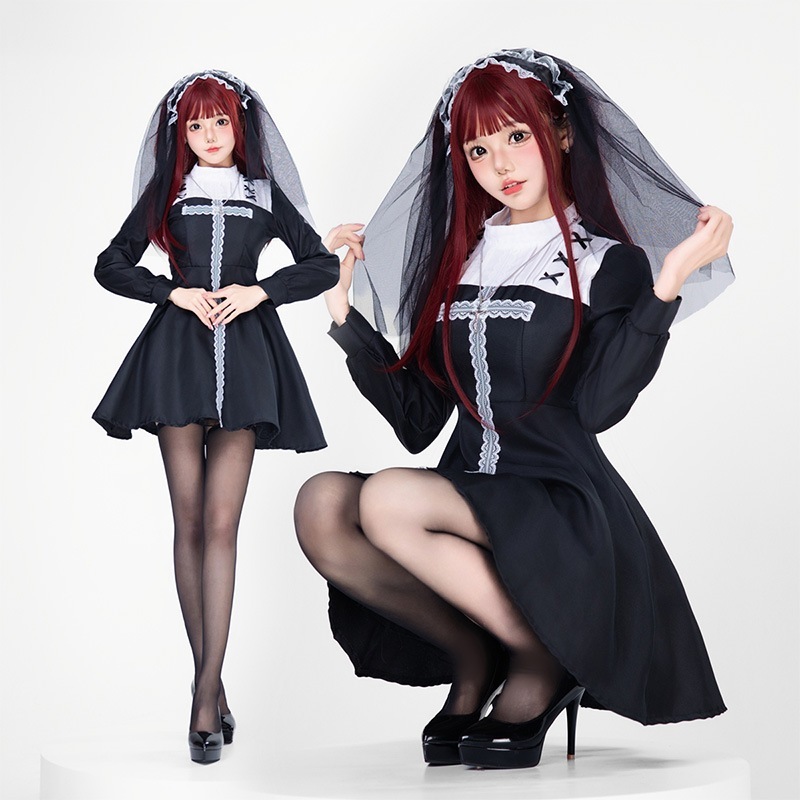 ハロウィンコスチューム ゴシック ゴースト花嫁コスチューム ダーククロス 修道女 魔女コスチューム 吸血鬼 パフォーマンスコスチューム