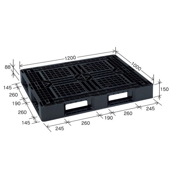 樹脂パレット/軽量パレット (JL-D4・1210G) ブラック 材質：再生PP 安全設計