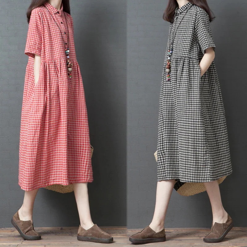 ロングワンピース 半袖 ワンピース レディース シャツワンピース チェック リネン ゆったり 大きいサイズ カジュアル 体型カバー 20代 40代水着ワンピースuvカットパーカー