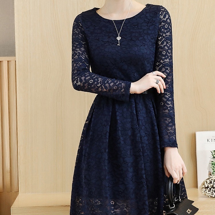 646.総レースウエストベルト付きフレアワンピース（ネイビー）