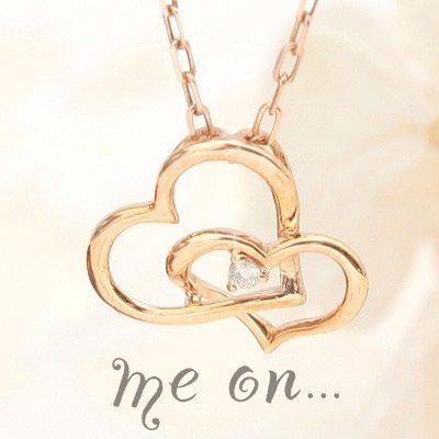me on... 重ねあうハート K10ピンクゴールド PG 天然ダイヤモンドダブルオープンハートネックレス