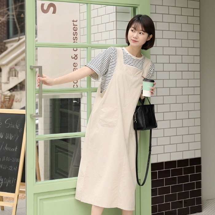 [韓国ファッション] スクエアネック パッチディテール スリット ポケット ロングワンピース