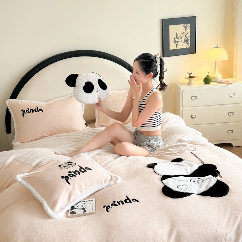 人気商品 冬肥厚ウサギぬいぐるみ 4 点セット A タイプパンダパッチ刺繍ミルクベルベットキルトカバープラスベルベットシーツキルトカバー