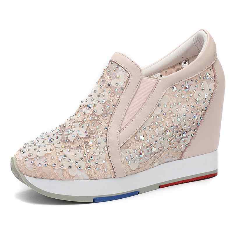 新规入荷続々 スリッポン スニーカー 春 花柄 レース キラキラ ラインストーン 可愛い 個性的 ウェッジソール ハイヒール 運動靴 セレブ 高級感 本革 レディース 華やか 韓国系 ピンク 黒 ブラ