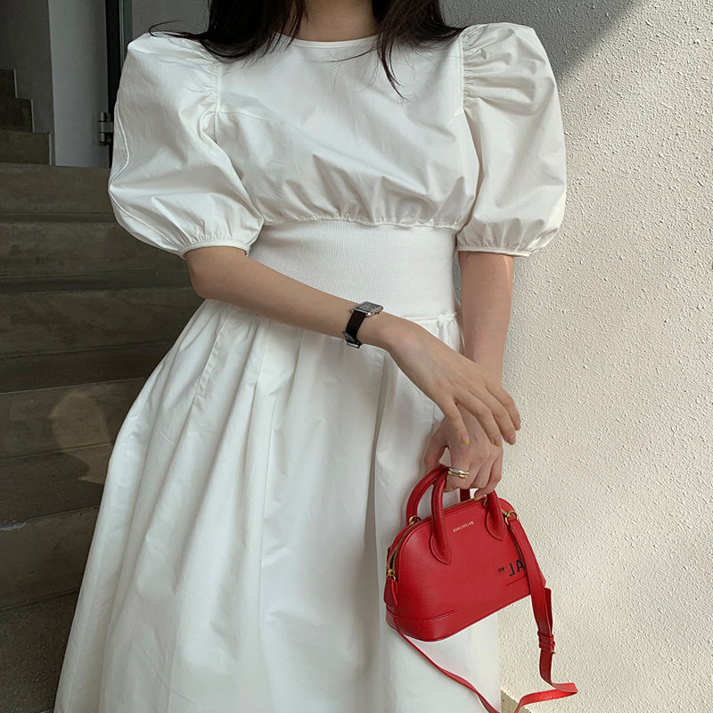 ワンピース ドレス ロング丈 半袖 パフスリーブ ラウンドネック 襟なし Aライン ウエストマーク ハイウエスト かわいい 大人可愛い きれいめ シンプル 大人 上品 おしゃれ お洒落 大人可愛い