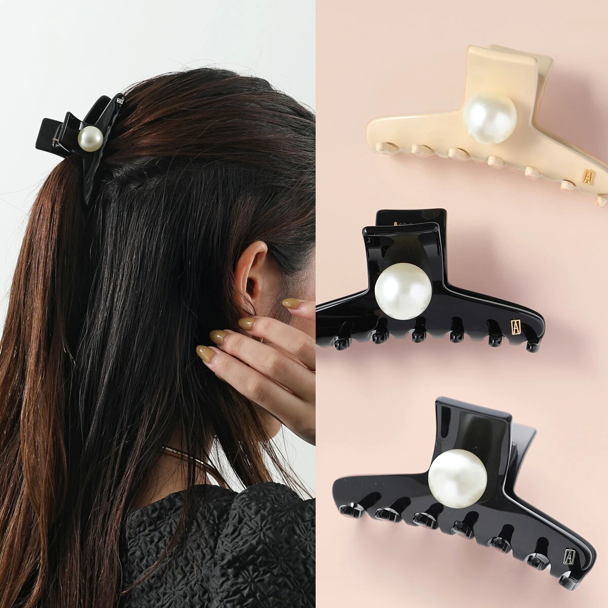 ALEXANDRE DE PARIS アレクサンドル ドゥ パリ ヘアクリップ CLIP M ACCM-17880-02 レディース パール 髪留め ヘアアクセサリー ロゴ カラー3色