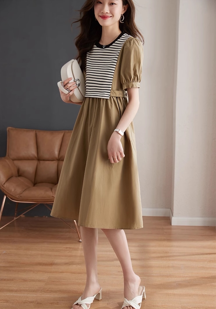 ドレス 女性 夏 フレンチ パフスリーブ ルーズ ストライプ 半袖 ウエスト ロング スカート 個性的 ワンピース 膝丈 ひざ丈 袖あり 半袖 襟なし かわいい 大人可愛い シンプル カジュアル 大人