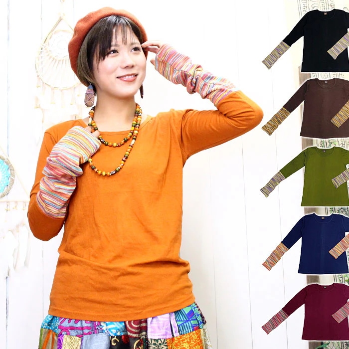 長袖シャツ レディース カラフ今週の割引は 25% オフですルニット切り替えレイヤーカットソー アジアン ファッション エスニック ファッション ロングスリーブ エスニック シャツ カットソー 長袖