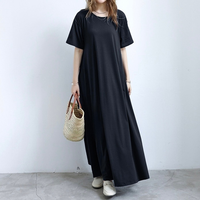 レディース ワンピース 部屋着 ロング ノースリーブ 半袖 クルーネック Aライン 伸縮性 かわいい 大人可愛い シンプル カジュアル 上品 こなれ感 ラフ ルーズ とろみ感 抜け感 ベーシック