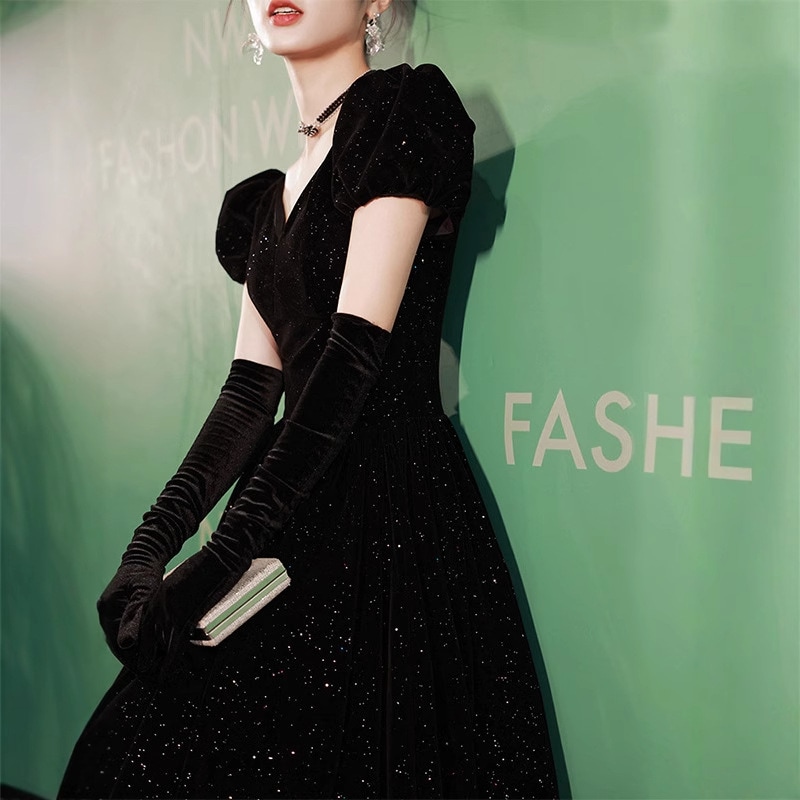 学生芸受験生イブニングドレス2025黒ベルベットロングイブニングドレス司会ワンピース