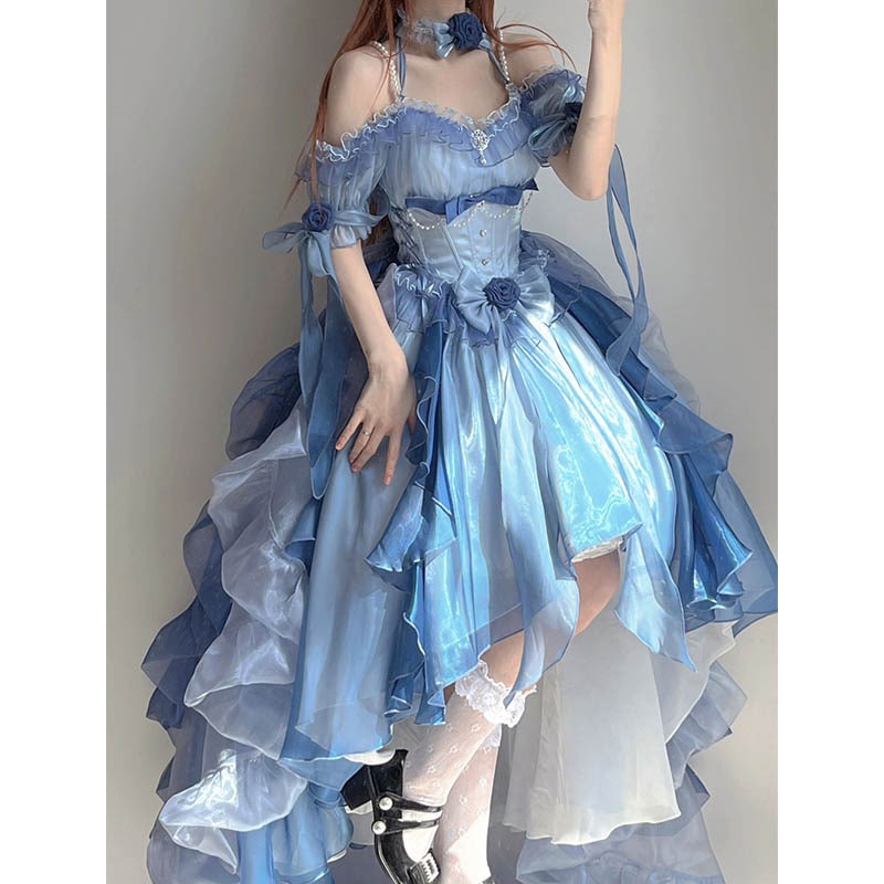 ブルーウェディングドレス ロリータドレス ドレス ロリータ重工 テールプリンセスドレス