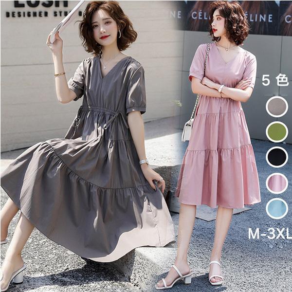 ワンピース レディース 夏 40代 半袖 キレイめ vネック ウエストリボン 膝丈 ロングワンピース 無地 オシャレ 体型カバー 大人 Aライン 30代 50代 通勤