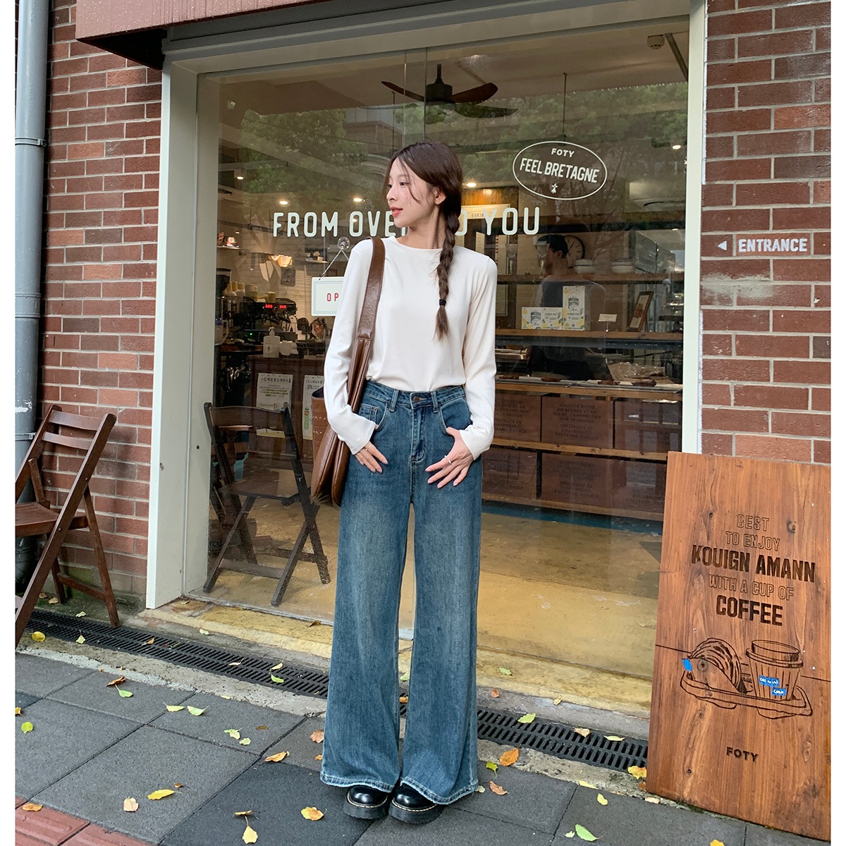 ハイウエストストレートジーンズ2024秋冬レトロ万能デザインゆったりパンツ