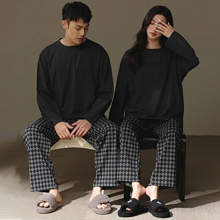 ペアパジャマ カップル ルームウェア レディース メンズ 上下セット 結婚祝い プレゼント クルーネック ins 春夏秋 韓国風 シンプル 格子柄 カジュアル ペアルック 長袖 部屋着 ナイトウエア
