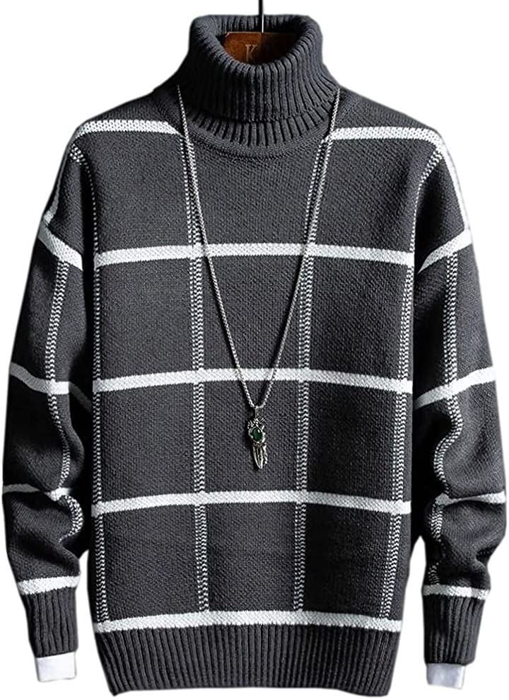 アスペルシオ タートルネック チェック柄 ニットセーター 長袖 トップス メンズ(ダークグレー, M