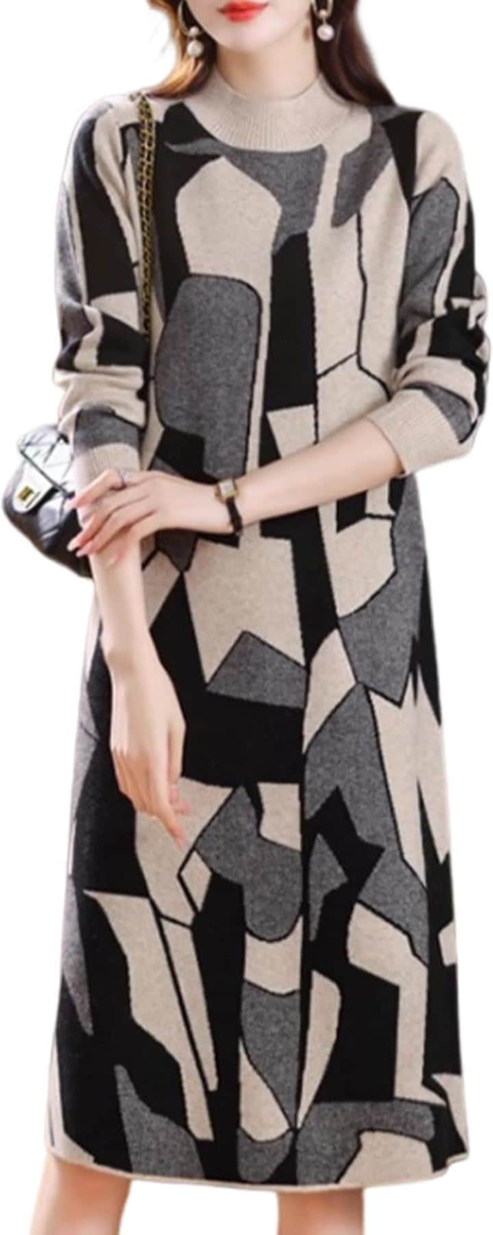 幾何学柄 ワンピース レディース 長袖 ニット ジオメトリー 総柄 膝丈 秋 冬 パターン style セミフォーマル シンプルニット リブニット お宮 参り(ブラック, XL)