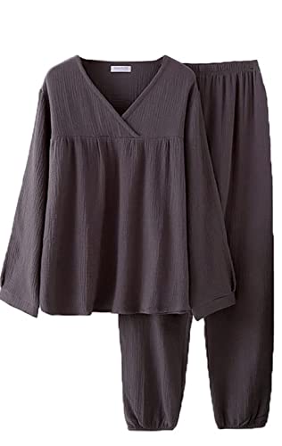 パジャマ レディース 春夏 ルームウェア 綿100% ダブルガーゼ 肌触りが良い コットン Vネック 寝間着 部屋着 吸汗速乾 (M, ダークグレー)