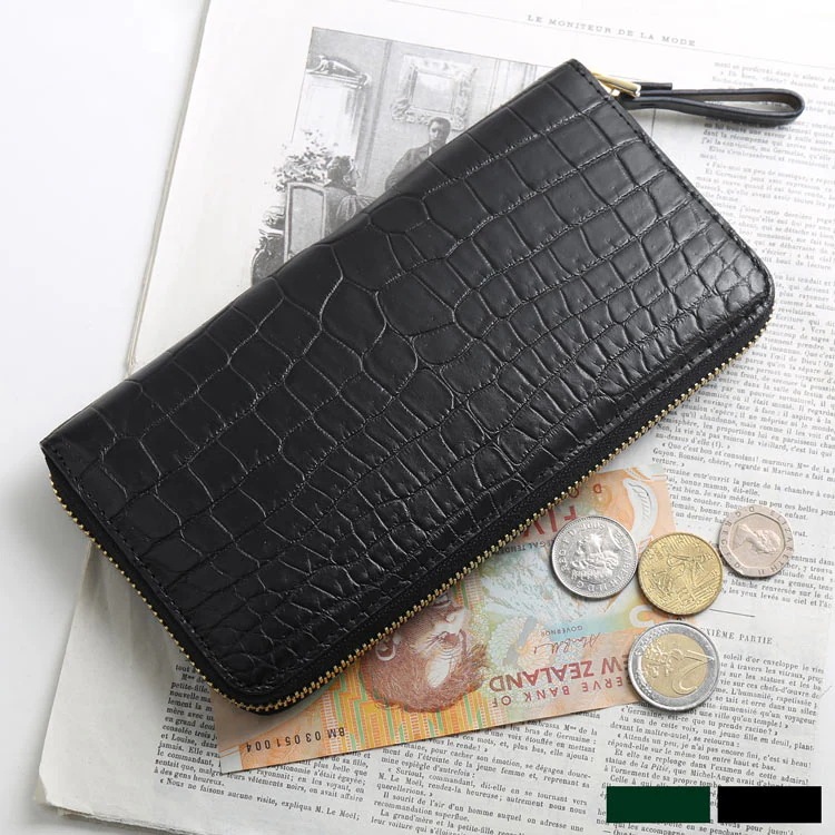 クロコダイル 長財布 メンズ マット加工 ラウンドファスナー 一枚革 センター取り グリーン ブラック 使い易い 財布 本革 鰐皮 鰐 革 プレゼント ギフト 男性 紳士 高級 (06001758-m
