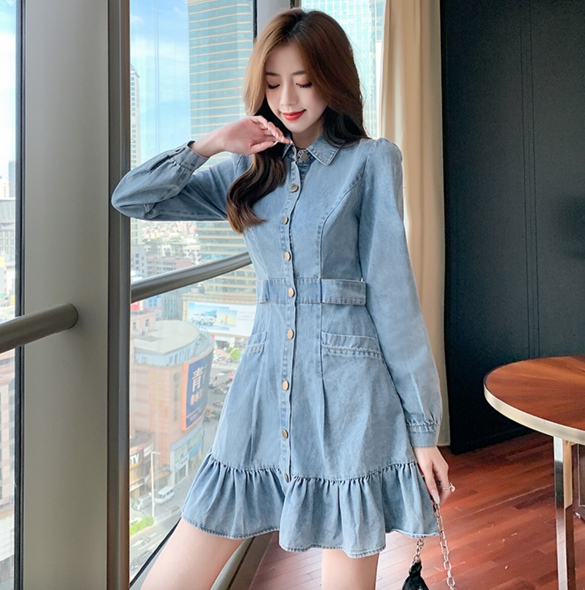 ワンピース デート かわいい 大人可愛い きれいめ シンプル カジュアル 大人 上品 おしゃれ デニム フリル 長袖 ミニ丈　襟付き ポケット付き ウエストマーク 無地 韓国 スリム ブルー XL