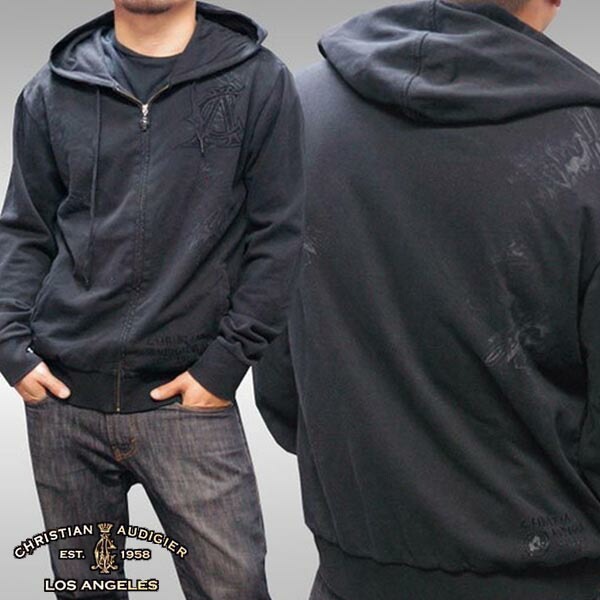 セール クリスチャンオードジェー パーカー メンズ Christian Audigier B0DHJKQX ブラック ジップパーカー フーディー インポート ハリウッド LAセレブ ファッション