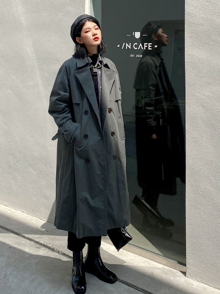 いいスタイル ウインドブレイカー新しいミドルレングス気質韓国の秋と冬のコートの女性は灰緑色のコートを緩めます トレンチコート 色相 灰色 Build Standishsmiles Com