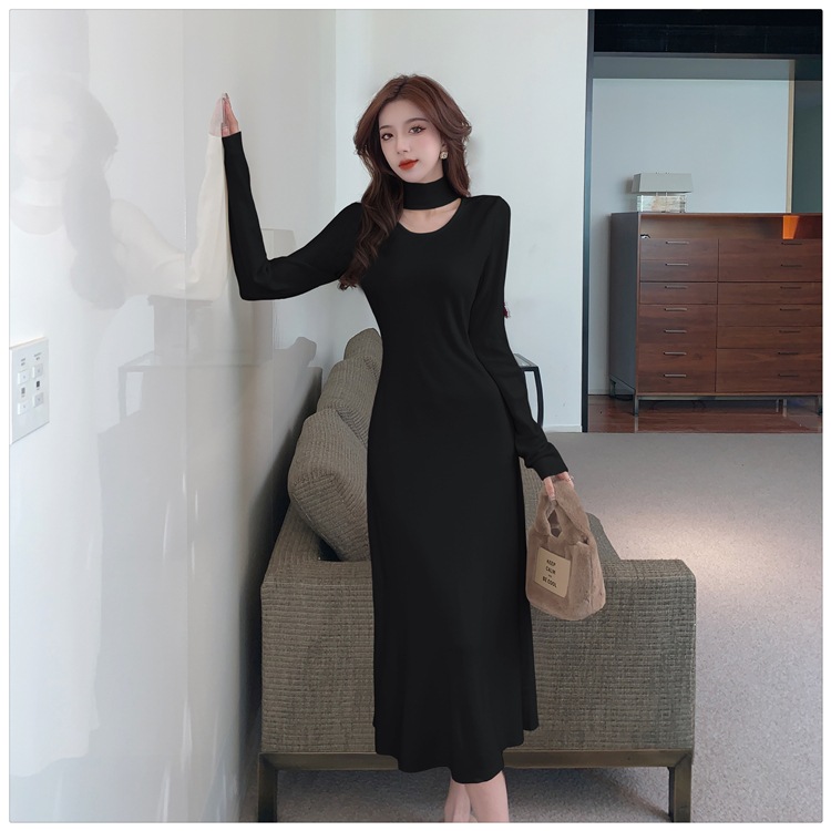 ホルターネックワンピース ワンピース ロングスカート ロング丈 袖あり 長袖 襟なし ホルターネック スリム 細身 マーメイド 薄手 大人可愛い きれいめ シンプル 大人 上品 おしゃれ 大人可愛い