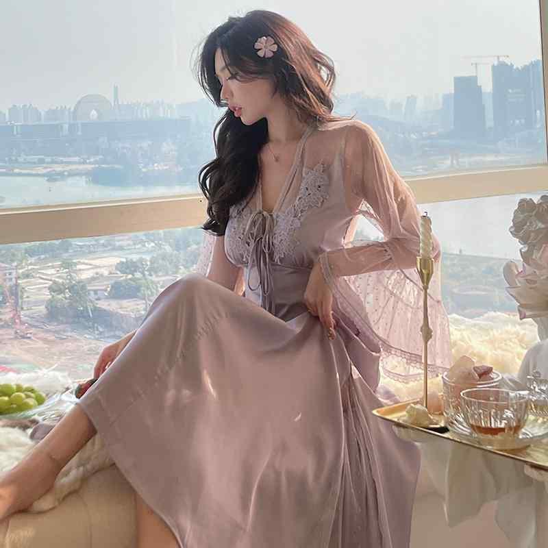 パジャマ ナイトウェア ランジェリー レディース レディース ファッション ホームウェア ラグジュアリー Vネック 魅惑 ロング スカート 夏 レース
