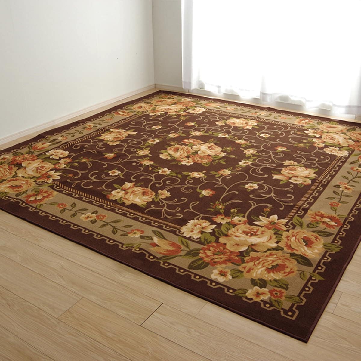 イケヒコ ラグ カーペット 6畳 ナイロン 花柄 ダイニングラグ 撥水キャンベル ブラウン 江戸間6畳 261×352cm #5418959